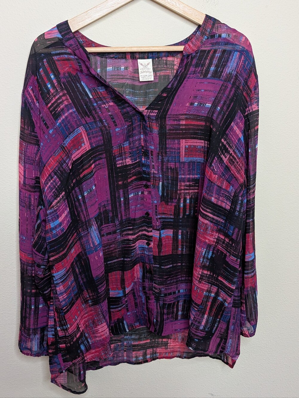 Faded Glory Purple Abstract Plaid Blouse 3X 22W-24W Button‎ Front